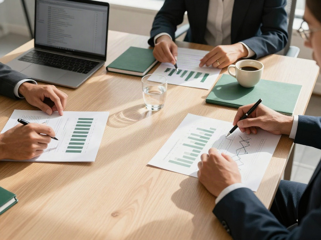 An overhead view of a collaborative business review with printed charts, notebooks, and a laptop