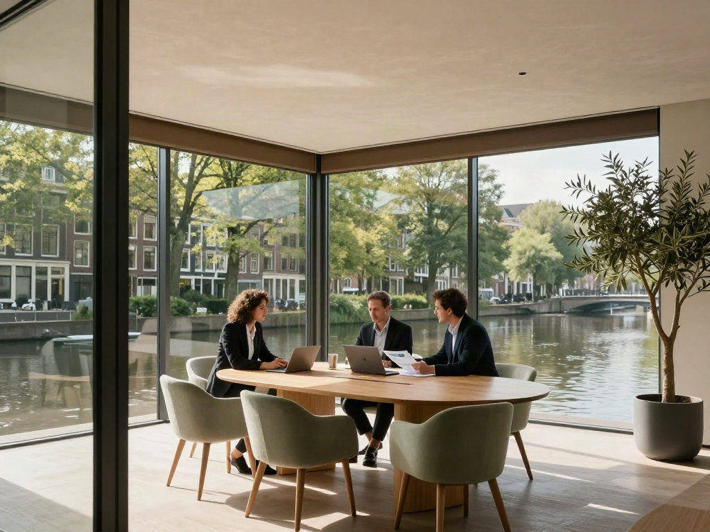 Business strategists reviewing analytics together in a light-filled contemporary boardroom